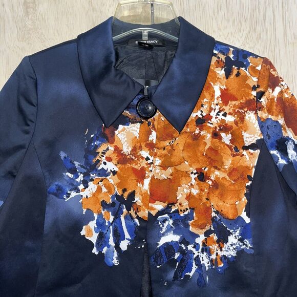 NWT Ellen Tracy Ink Blue Orange Abstract Floral Swing Cotton Blazer Jacket Sz 10 - Picture 5 of 11